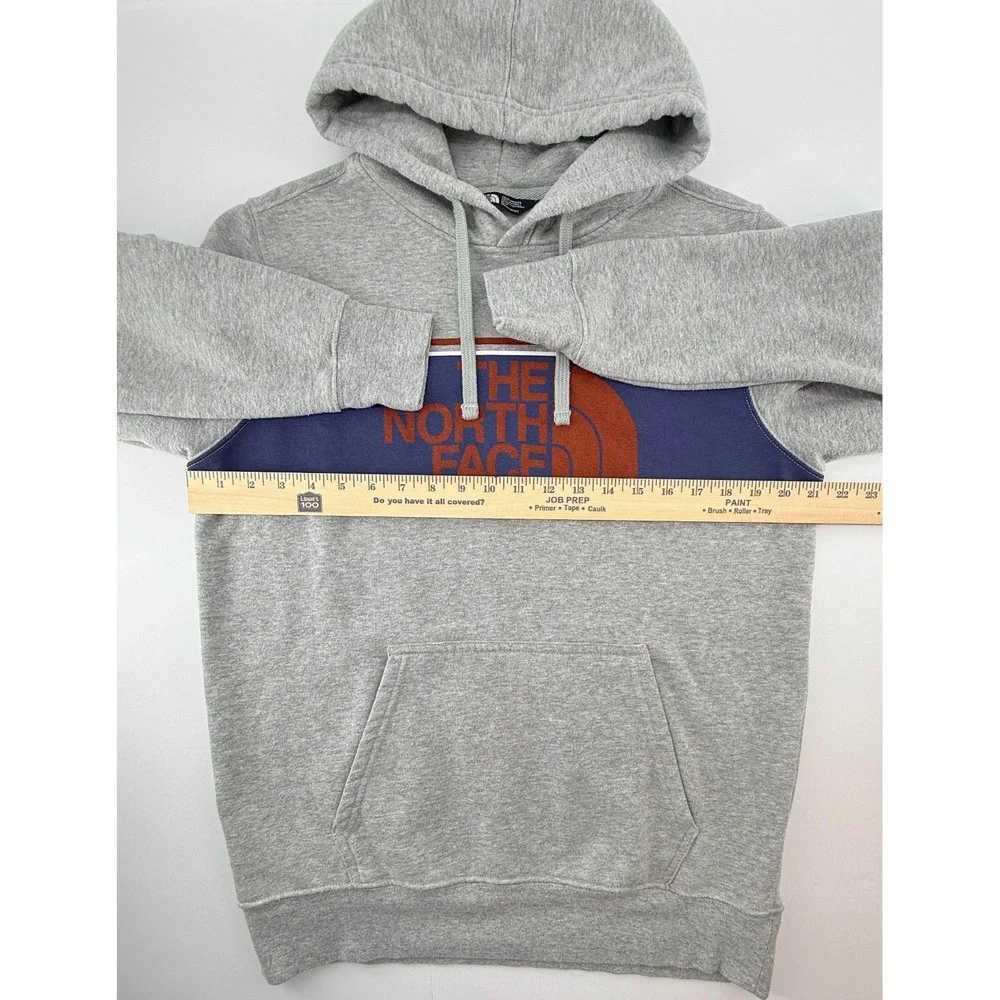 The North Face Mens M Hoodie Gray Logo‎ Stripe Pullover Fleece Kangaroo Pocket